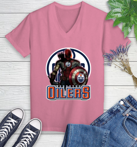 NHL Captain America Thor Spider Man Hawkeye Avengers Endgame Hockey Edmonton Oilers Women's V-Neck T-Shirt 13