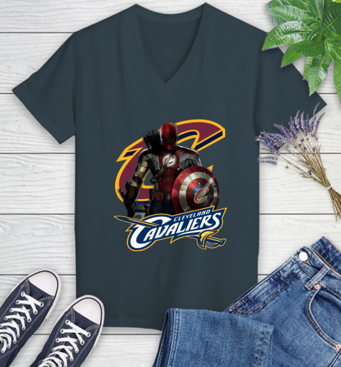 Cleveland Cavaliers NBA Basketball Captain America Thor Spider Man Hawkeye Avengers Women's V-Neck T-Shirt 8