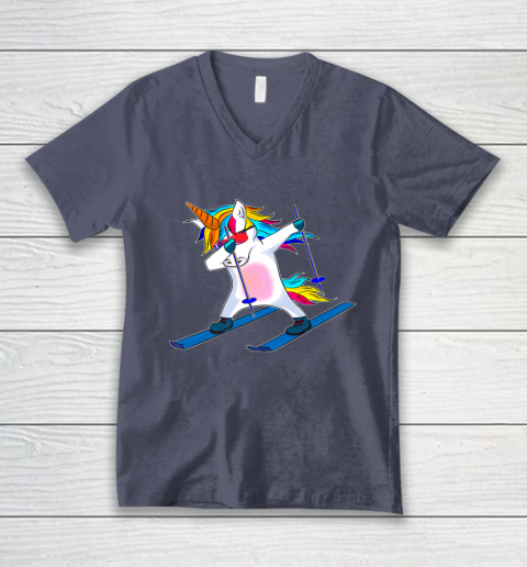 Skiing Unicorn Dabbing Funny Gift V-Neck T-Shirt 8