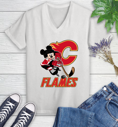 NHL Calgary Flames Mickey Mouse Disney Hockey T Shirt Women's V-Neck T-Shirt