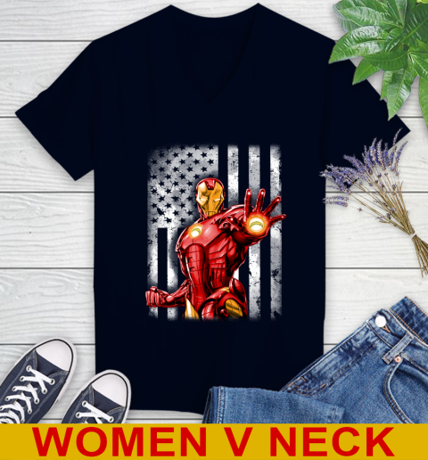 Los Angeles Chargers NFL Football Iron Man Avengers American Flag Shirt Women's V-Neck T-Shirt 2