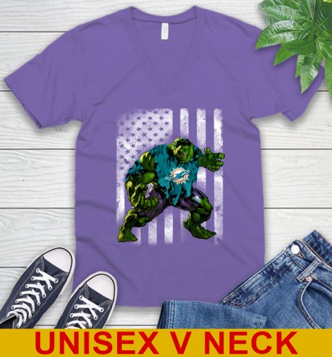 Miami Dolphins Hulk Marvel Avengers NFL Football American Flag V-Neck T-Shirt 8