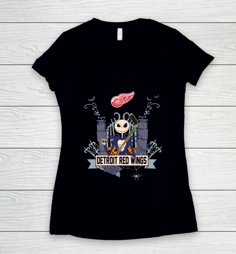NHL Detroit Red Wings Hockey Jack Skellington Halloween Women's V-Neck T-Shirt