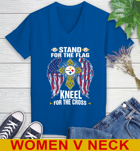 NFL Football Pittsburgh Steelers Stand For Flag Kneel For The Cross Shirt Women's V-Neck T-Shirt 9