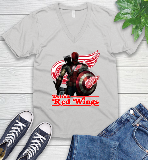 NHL Captain America Thor Spider Man Hawkeye Avengers Endgame Hockey Detroit Red Wings V-Neck T-Shirt