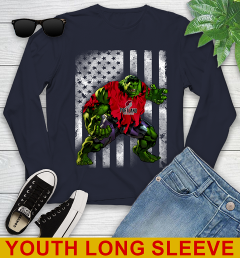 Portland Trail Blazers Hulk Marvel Avengers NBA Basketball American Flag Youth Long Sleeve 2
