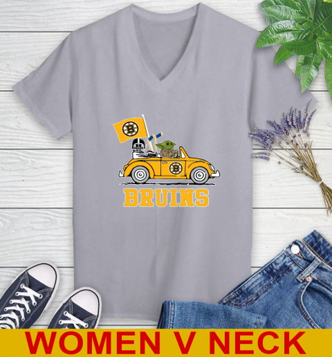 NHL Hockey Boston Bruins Darth Vader Baby Yoda Driving Star Wars Shirt Women's V-Neck T-Shirt 5