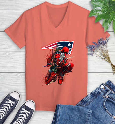 NFL Deadpool Marvel Comics Sports Football New England Patriots Women's V-Neck T-Shirt 6