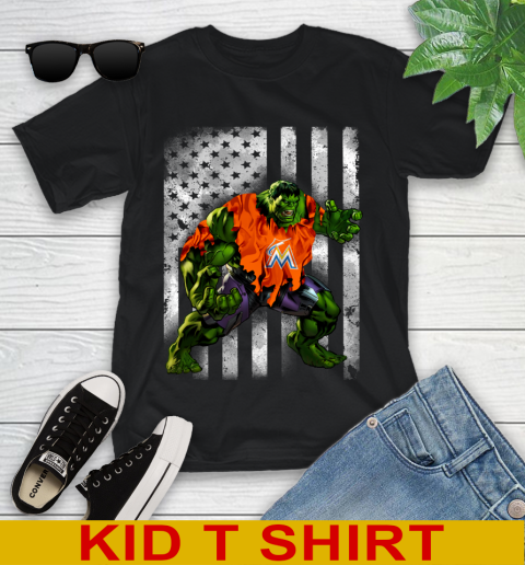 Miami Marlins Hulk Marvel Avengers MLB Baseball American Flag Youth T-Shirt