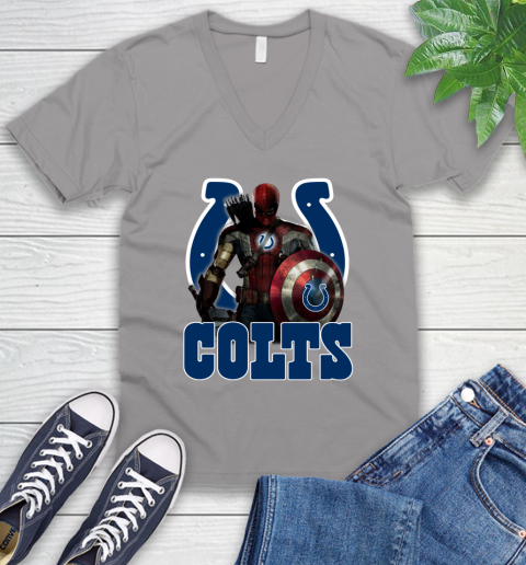 NFL Captain America Thor Spider Man Hawkeye Avengers Endgame Football Indianapolis Colts V-Neck T-Shirt 4