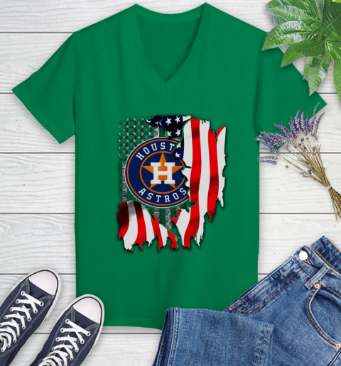 Houston Astros MLB Baseball American Flag Women's V-Neck T-Shirt 5