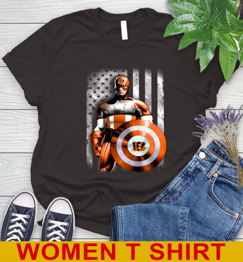 Cincinnati Bengals NFL Football Captain America Marvel Avengers American Flag Shirt Women's T-Shirt 9