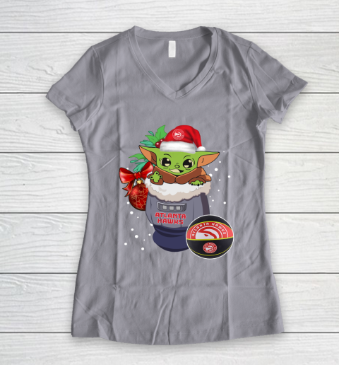 Atlanta Hawks Christmas Baby Yoda Star Wars Funny Happy NBA Women's V-Neck T-Shirt 4