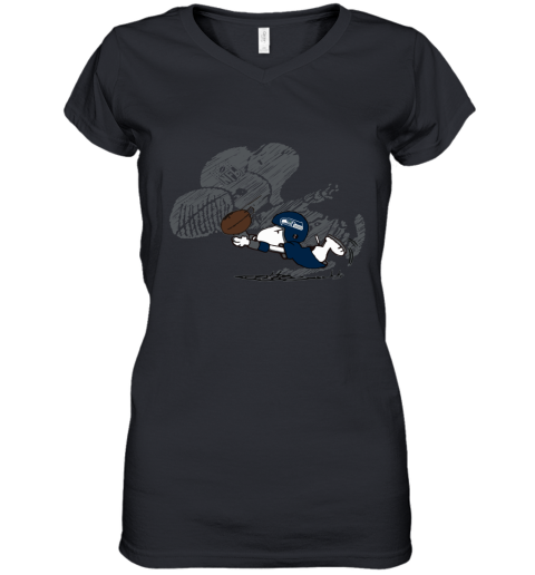 Seattle Seahawks Snoopy Plays The Football Game Women's V-Neck T-Shirt