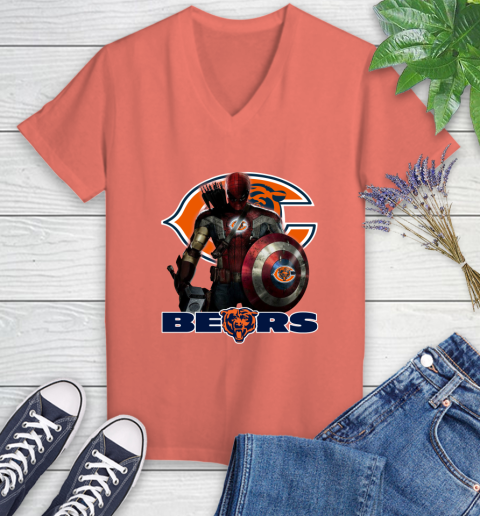 NFL Captain America Thor Spider Man Hawkeye Avengers Endgame Football Chicago Bears Women's V-Neck T-Shirt 6