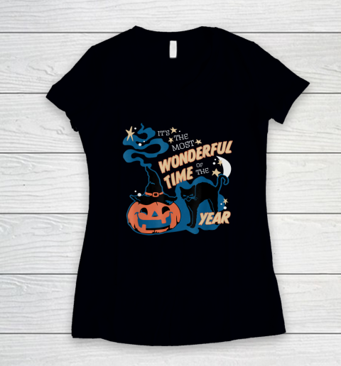 Black Cat Halloween Shirt It's the Most Wonderful Time Of The Year Women's V-Neck T-Shirt