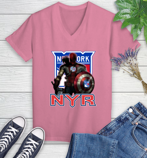 NHL Captain America Thor Spider Man Hawkeye Avengers Endgame Hockey New York Rangers Women's V-Neck T-Shirt 13
