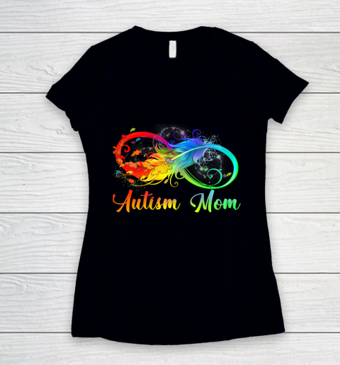Womens Tu Autism Mom Colorful Feather Autism Awareness Support Women's V-Neck T-Shirt