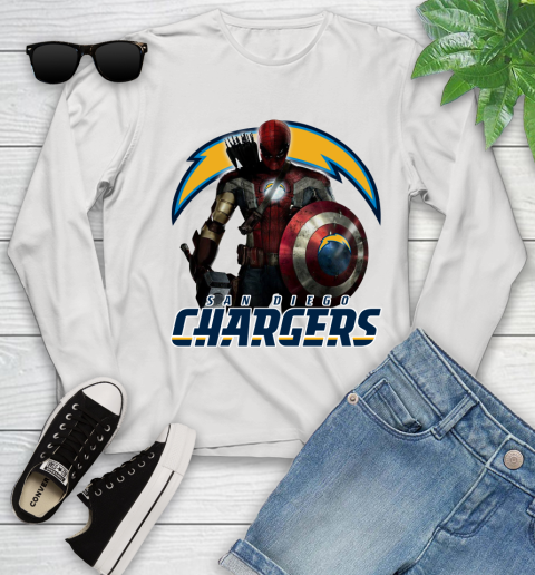 NFL Captain America Thor Spider Man Hawkeye Avengers Endgame Football San Diego Chargers Youth Long Sleeve