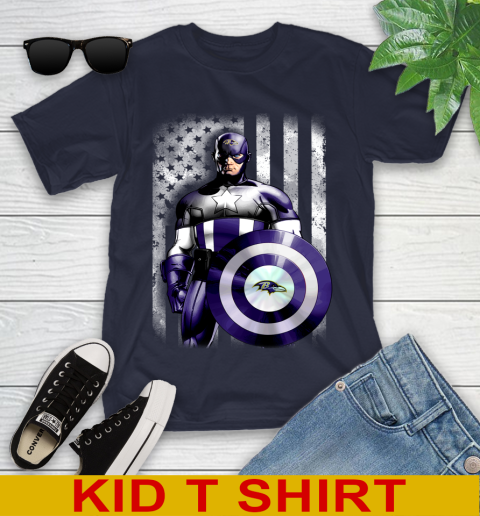 Baltimore Ravens NFL Football Captain America Marvel Avengers American Flag Shirt Youth T-Shirt 14