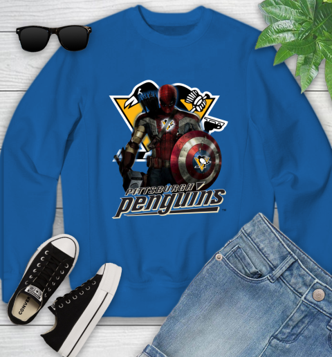 NHL Captain America Thor Spider Man Hawkeye Avengers Endgame Hockey Pittsburgh Penguins Youth Sweatshirt 8