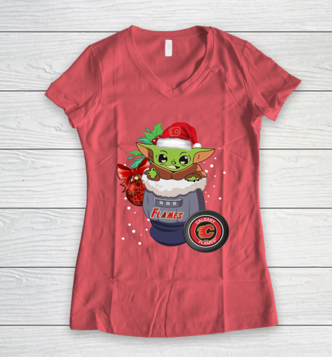 Calgary Flames Christmas Baby Yoda Star Wars Funny Happy NHL Women's V-Neck T-Shirt 6