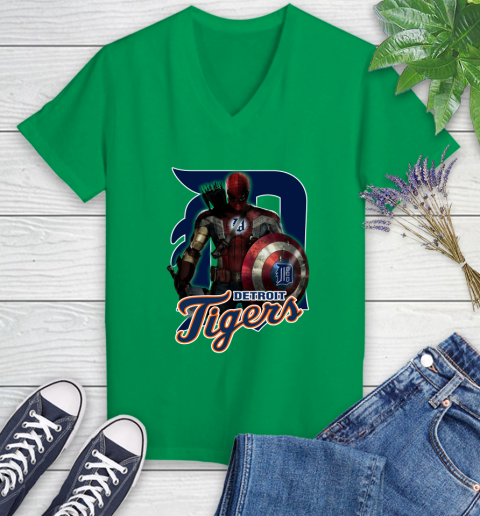 MLB Captain America Thor Spider Man Hawkeye Avengers Endgame Baseball Detroit Tigers Women's V-Neck T-Shirt 5