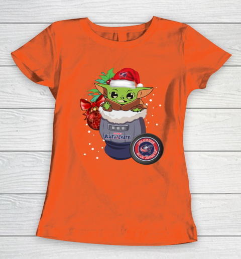 Columbus Blue Jackets Christmas Baby Yoda Star Wars Funny Happy NHL Women's T-Shirt 5