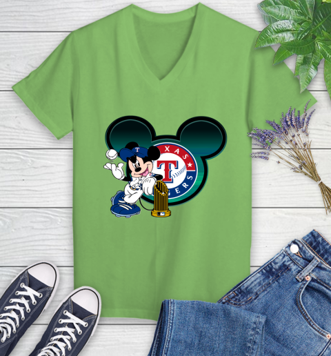 MLB Texas Rangers The Commissioner's Trophy Mickey Mouse Disney Women's V-Neck T-Shirt 11