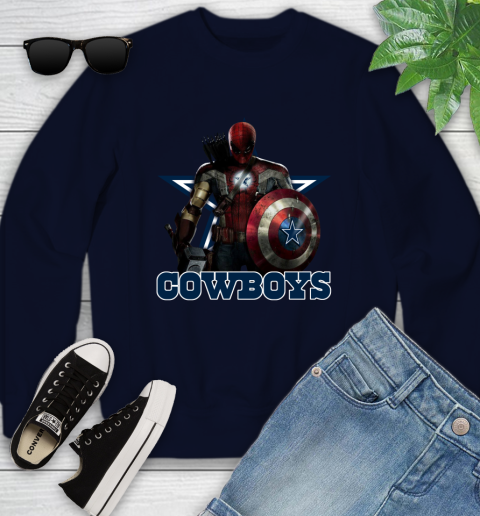 NFL Captain America Thor Spider Man Hawkeye Avengers Endgame Football Dallas Cowboys Youth Sweatshirt 3