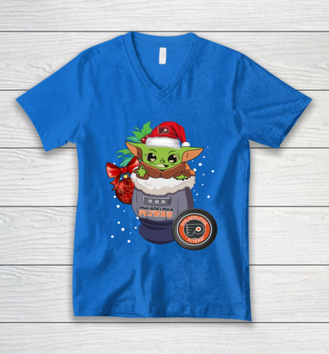 Philadelphia Flyers Christmas Baby Yoda Star Wars Funny Happy NHL V-Neck T-Shirt 6