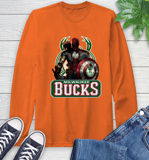 Milwaukee Bucks NBA Basketball Captain America Thor Spider Man Hawkeye Avengers Long Sleeve T-Shirt 5