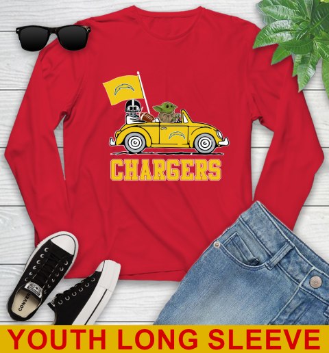 NFL Football Los Angeles Chargers Darth Vader Baby Yoda Driving Star Wars Shirt Youth Long Sleeve 11