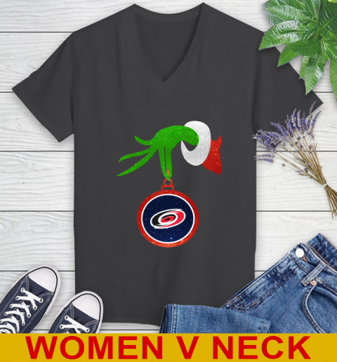 Carolina Hurricanes Grinch Merry Christmas NHL Hockey Women's V-Neck T-Shirt 9