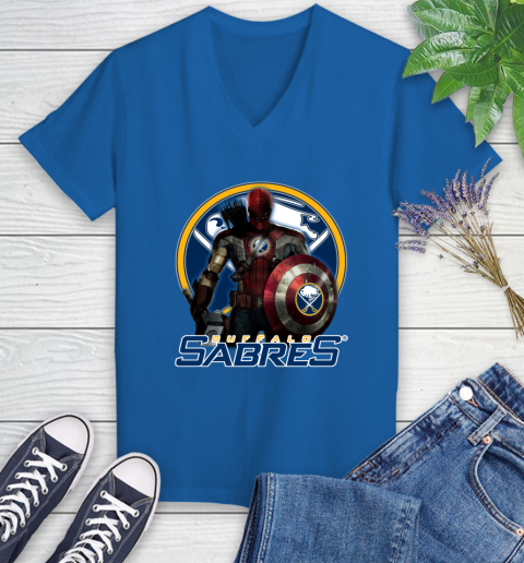 NHL Captain America Thor Spider Man Hawkeye Avengers Endgame Hockey Buffalo Sabres Women's V-Neck T-Shirt 10