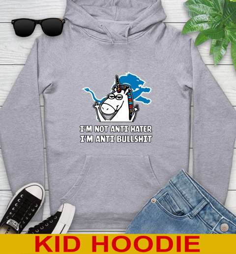 Detroit Lions NFL Football Unicorn I'm Not Anti Hater I'm Anti Bullshit Youth Hoodie 6