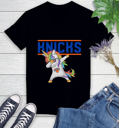 New York Knicks NBA Basketball Funny Unicorn Dabbing Sports Women's V-Neck T-Shirt 2