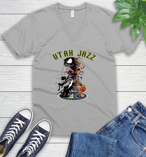 NBA Utah Jazz Basketball Venom Groot Guardians Of The Galaxy V-Neck T-Shirt 4