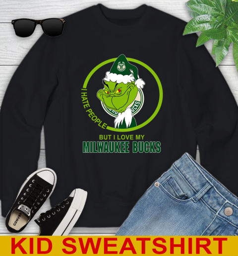 Milwaukee Bucks NBA Christmas Grinch I Hate People But I Love My Favorite Basketball Team Youth Sweatshirt 2