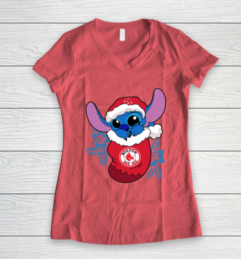 Boston Red Sox Christmas Stitch In The Sock Funny Disney MLB Women's V-Neck T-Shirt 6