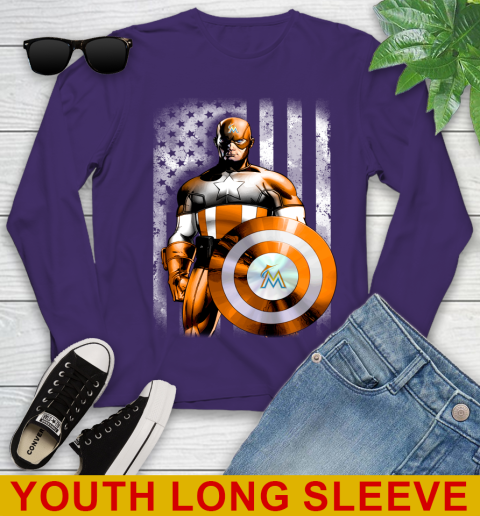 Miami Marlins MLB Baseball Captain America Marvel Avengers American Flag Shirt Youth Long Sleeve 4