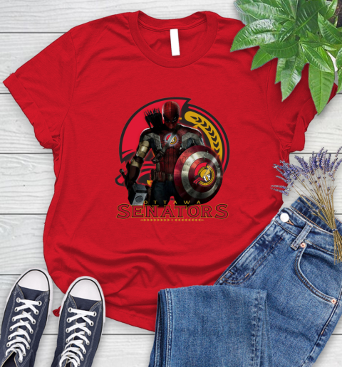 NHL Captain America Thor Spider Man Hawkeye Avengers Endgame Hockey Ottawa Senators Women's T-Shirt 9