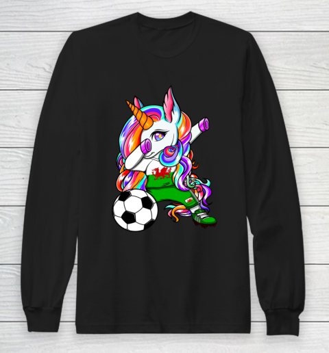 Dabbing Unicorn Wales Soccer Fan Jersey Welsh Football Lover Long Sleeve T-Shirt