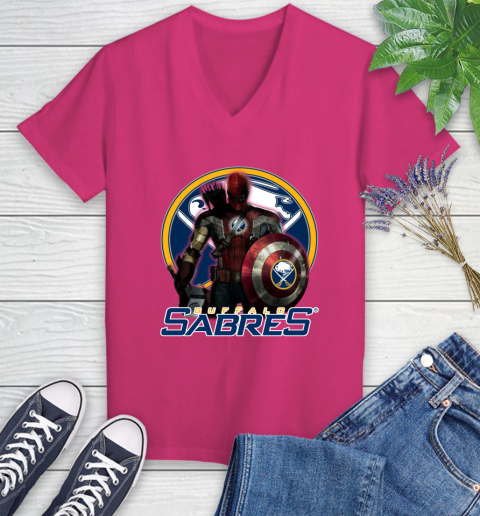 NHL Captain America Thor Spider Man Hawkeye Avengers Endgame Hockey Buffalo Sabres Women's V-Neck T-Shirt 9