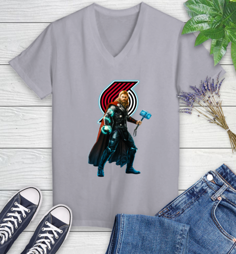 NBA Thor Avengers Endgame Basketball Portland Trail Blazers Women's V-Neck T-Shirt 4