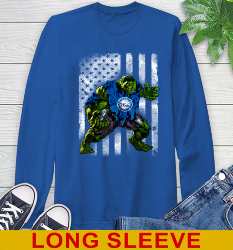 Philadelphia 76ers Hulk Marvel Avengers NBA Basketball American Flag Long Sleeve T-Shirt 11
