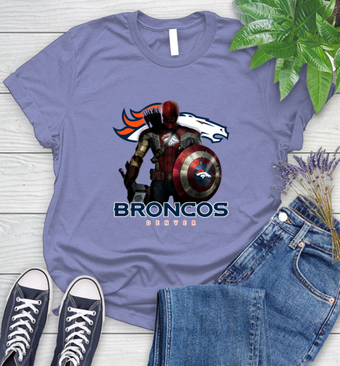 NFL Captain America Thor Spider Man Hawkeye Avengers Endgame Football Denver Broncos Women's T-Shirt 11