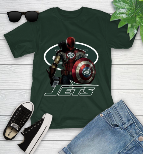 NFL Captain America Thor Spider Man Hawkeye Avengers Endgame Football New York Jets Youth T-Shirt 5