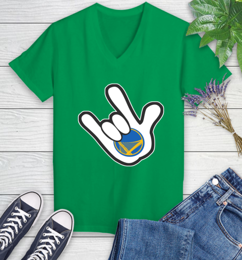 Golden State Warriors NBA Basketball Mickey Rock Hand Disney Women's V-Neck T-Shirt 5