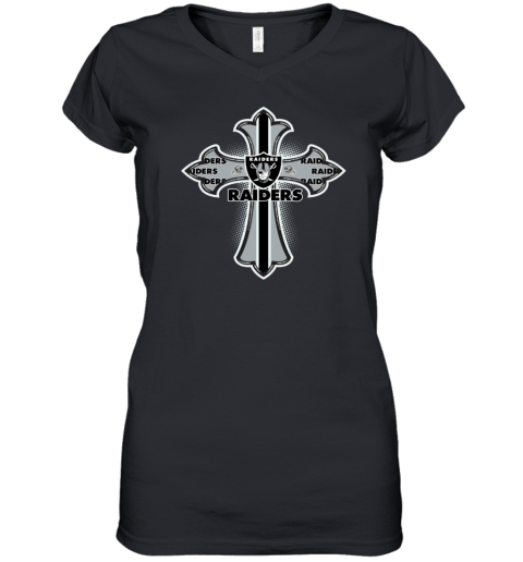 NFL Black Crusader Cross Oakland Raiders Women's V-Neck T-Shirt - Rookbrand